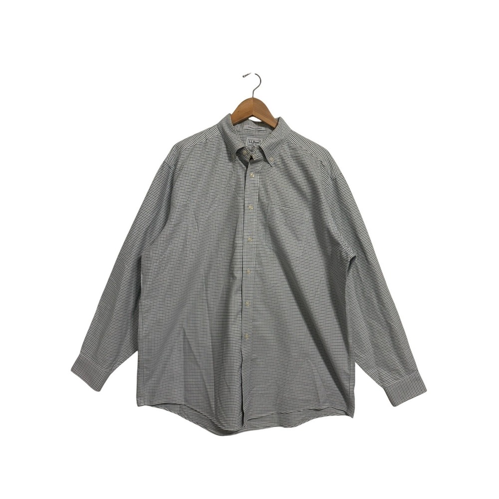 LL Bean Button Down Shirt Mens 17-35 White Blue‎ Plaid Wrinkle Resistant Cotton